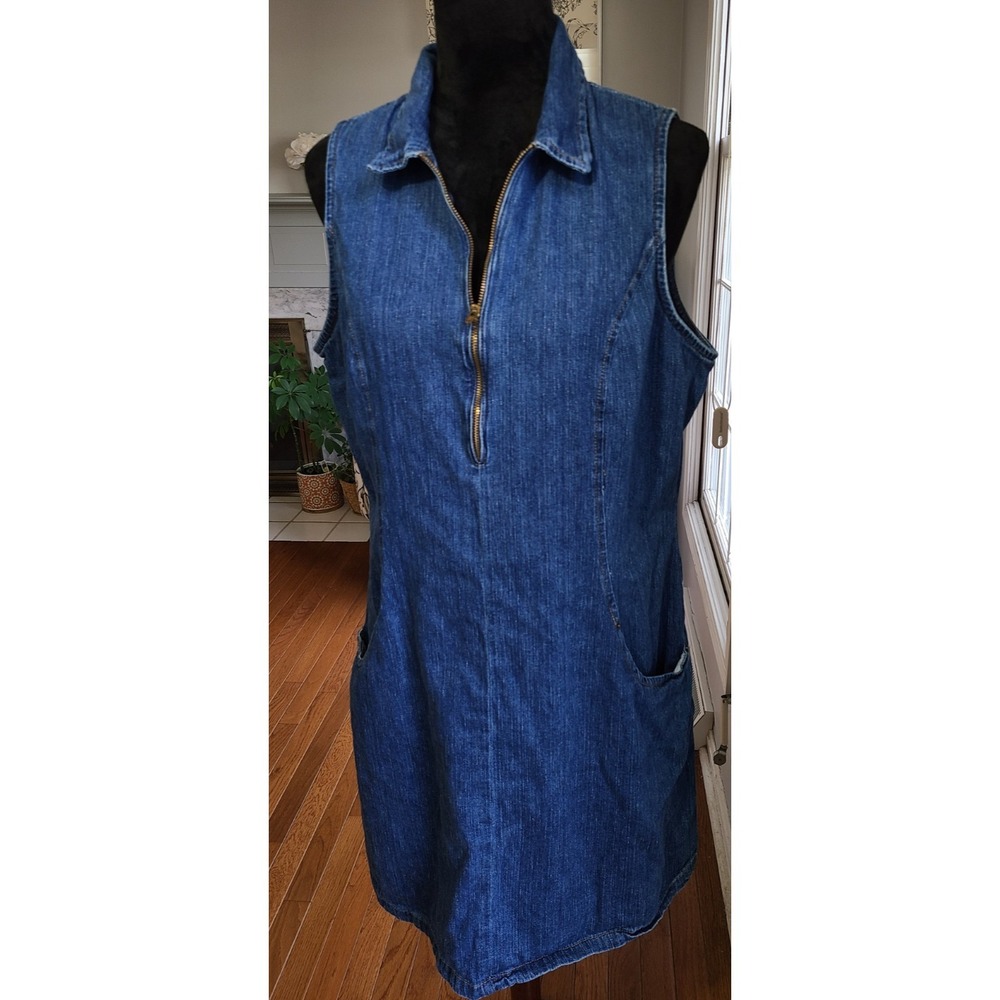 Vtg 90s Y2K Faded Glory Denim Jean 1/2 Zipper Jumper Dress Size Large Minimalist - Picture 2 of 9